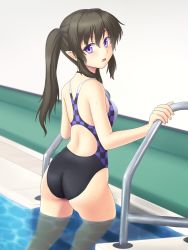 Rule 34 | 1girl, adapted costume, ass, back, black hair, brown hair, checkered clothes, checkered swimsuit, competition swimsuit, from behind, himekaidou hatate, isaki (gomi), looking at viewer, looking back, one-piece swimsuit, open mouth, pointy ears, pool ladder, poolside, purple eyes, solo, swimsuit, touhou, twintails, water, wet