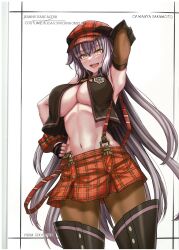 Rule 34 | 1girl, absurdres, alisa ilinichina amiella, alisa ilinichina amiella (cosplay), arm up, blush, boots, bracelet, breasts, character name, cleavage, copyright name, cosplay, fate/grand order, fate (series), fingerless gloves, fingernails, gloves, god eater, grey hair, hat, highres, jeanne d&#039;arc (fate), jeanne d&#039;arc alter (fate), jewelry, large breasts, lips, long hair, looking at viewer, miniskirt, nail polish, navel, open mouth, pantyhose, sakamoto maaya, scan, simple background, skirt, smile, solo, stomach, suspender skirt, suspenders, takecha, teeth, thigh boots, upper teeth only, very long hair, voice actor connection, white background, yellow eyes