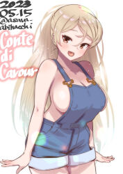 Rule 34 | 1girl, asava (hutaitenn), blonde hair, breasts, brown eyes, character name, conte di cavour (kancolle), dated, highres, kantai collection, large breasts, long hair, long sleeves, naked overalls, open mouth, overall shorts, overalls, simple background, smile, solo, twitter username, two side up, white background
