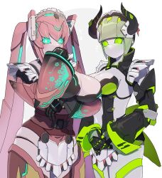 Rule 34 | 2girls, blue eyes, blunt bangs, breasts, cropped legs, glowing, green eyes, horns, humanoid robot, joints, large breasts, maid, metal skin, multiple girls, phantasy star, phantasy star online 2, robot, robot girl, robot joints, sankaku t2, simple background, standing, twintails
