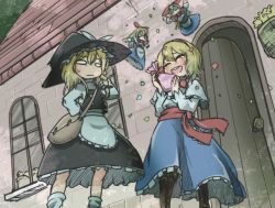 Rule 34 | 2girls, alice margatroid, apron, bag, black dress, blonde hair, blue dress, blush, boots, bow, braid, button eyes, buttons, capelet, chamaji, comic, confetti, cross-laced footwear, doll, dress, gift, hair bow, hairband, happy tears, hat, kirisame marisa, long sleeves, multiple girls, o o, open clothes, open dress, open mouth, sash, shanghai doll, shoulder bag, silent comic, single braid, smile, tears, touhou, waist apron, white day, window, witch hat