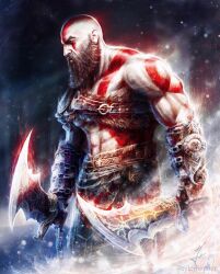 Rule 34 | 1boy, abs, armor, bald, beard, blades of chaos, chain blades, commentary, elbow gloves, english commentary, facial hair, facial tattoo, gloves, god of war, god of war ragnarok, highres, holding, holding weapon, instagram username, kratos (god of war), leather, light particles, long beard, looking to the side, male focus, mature male, muscular, muscular male, mustache, profile, shoulder armor, shoulder tattoo, signature, single bare shoulder, solo, tattoo, toned, toned male, tylor hepner, weapon