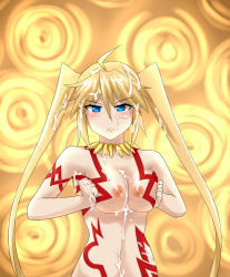 Rule 34 | 1girl, ahoge, angelica ainsworth, armor, armpit peek, blonde hair, blue eyes, blush, breasts, cosplay, cum, cum on body, cum on breasts, cum on hair, cum on upper body, facial, fate/kaleid liner prisma illya, fate (series), frown, gate of babylon (fate), gilgamesh (fate), gilgamesh (fate) (cosplay), gold armor, highres, large breasts, long hair, looking at viewer, navel, nude, solo, squeezing, tattoo, twintails, underboob, upper body, yunshih