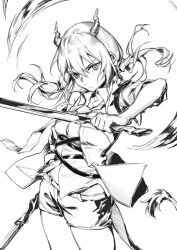 Rule 34 | 1girl, absurdres, arknights, ch&#039;en (arknights), collared shirt, cowboy shot, dragon girl, dragon horns, dragon tail, dual wielding, fur-tipped tail, greyscale, hair between eyes, highres, holding, holding sword, holding weapon, horns, jacket, long hair, looking at viewer, monochrome, necktie, open clothes, open jacket, sansenokumo, shirt, short shorts, short sleeves, shorts, simple background, solo, sword, tail, twintails, v-shaped eyebrows, weapon, white background