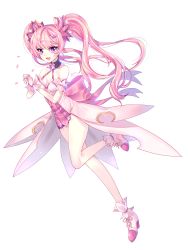 Rule 34 | 1girl, :3, absurdres, aisha landar, breasts, cherry blossoms, dimension witch (elsword), elsword, from side, full body, gloves, hand on hand, highres, long hair, magical girl, medium breasts, own hands together, pink hair, purple eyes, ribbon, simple background, smile, solo, sparkle, thighs, twintails, white background, xes (xes 5377)