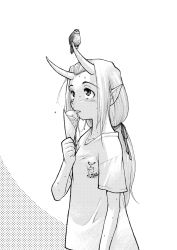 Rule 34 | 1girl, bird, clothes writing, food, futaba channel, greyscale, hair ribbon, highres, horns, ice cream, licking, long hair, looking up, monochrome, pointy ears, ponytail, ribbon, shirt, solo, sparrow, t-shirt