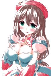 Rule 34 | 1girl, android, beret, blush, breasts, brown hair, cleavage, cleavage cutout, clothing cutout, commentary request, dress, gloves, green eyes, hair between eyes, hand on own chest, hat, highres, iris (mega man), kosei (nick miko), large breasts, long hair, mega man (series), mega man x4, mega man x (series), military hat, simple background, smile, solo, white background