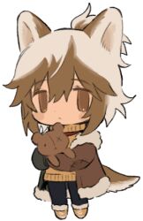 Rule 34 | 1boy, :&lt;, animal ears, black pants, borrowed character, brown coat, brown eyes, chibi, closed mouth, coat, dog boy, dog ears, dog tail, full body, fur-trimmed coat, fur-trimmed footwear, fur trim, hair between eyes, hands up, high ponytail, holding, holding stuffed toy, lapithai, long sleeves, looking at viewer, lowres, male focus, multicolored hair, original, pants, short hair, simple background, solo, standing, stuffed animal, stuffed toy, sweater, tail, teddy bear, transparent background, turtleneck, turtleneck sweater, yellow footwear, yellow sweater