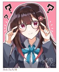 Rule 34 | 1girl, ?, black-framed eyewear, black jacket, blazer, blue bow, blue bowtie, blush, border, bow, bowtie, breasts, brown hair, character name, closed mouth, collared shirt, copyright name, dot nose, glasses, gradient hair, hands on eyewear, highres, honkai: star rail, honkai (series), jacket, looking at viewer, medium breasts, multicolored hair, notice lines, open clothes, open jacket, pink background, pink eyes, red hair, school uniform, shirt, shokupanman (niiiitoooooo), simple background, smile, solo, sparkle (honkai: star rail), upper body, white border, white shirt