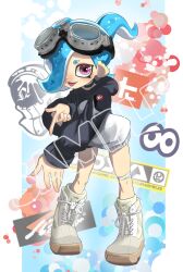 Rule 34 | 1girl, absurdres, black hoodie, blue background, blue hair, boots, commentary, commission, cross-laced footwear, full body, goggles, goggles on head, hair over one eye, highres, hood, hoodie, medium hair, nintendo, octoling, octoling girl, octoling player character, open mouth, outside border, pillarboxed, ppuna, purple eyes, short eyebrows, sleeves past wrists, smile, solo, splatoon (series), splatoon 3, sticker, tentacle hair, two-tone hoodie, white footwear, white hoodie