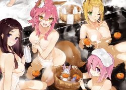 Rule 34 | &gt;:), 10s, 4girls, alternate costume, animal, animal ears, bangs pinned back, blonde hair, blue eyes, blush, bottle, breasts, brown hair, bucket, commentary, covering privates, eating, fate/extra, fate/grand order, fate (series), food, fou (fate), fox ears, fox tail, fruit, green eyes, highres, kou mashiro, large breasts, leonardo da vinci (fate), long hair, mandarin orange, mash kyrielight, multiple girls, naked towel, nero claudius (fate), nero claudius (fate) (all), nero claudius (fate/extra), nude cover, one eye closed, onsen, open mouth, partially submerged, pink hair, purple eyes, sake bottle, sitting, symbol-only commentary, tail, tamamo (fate), tamamo no mae (fate/extra), tokkuri, towel, towel on head, yellow eyes