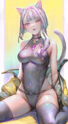 Rule 34 | 1girl, absurdres, animal ears, asymmetrical bangs, bell, blunt bangs, breasts, cat ears, cat tail, closed mouth, commentary, covered navel, cyberpunk (series), cyberpunk edgerunners, cyborg, extra ears, grey leotard, grey thighhighs, highleg, highleg leotard, highres, jacket, jingle bell, leotard, looking at viewer, lucy (cyberpunk), medium breasts, multicolored eyes, neck bell, off shoulder, open clothes, open jacket, red lips, short hair, short hair with long locks, sitting, sleeveless turtleneck leotard, solo, symbol-only commentary, tail, tamaki (tamaki599), thighhighs, wariza, white hair