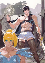 Rule 34 | 2boys, abs, absurdres, animal ears, bishounen, black hair, blonde hair, copyright request, fishnet thighhighs, fishnets, green eyes, highres, holding, holding sword, holding weapon, male focus, mr tangsuyuk, multiple boys, muscular, muscular male, outdoors, pleated skirt, ponytail, rabbit ears, ruins, skirt, sword, thighhighs, weapon