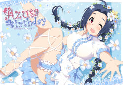 Rule 34 | 1girl, ;d, blue hair, blush, braid, breasts, character name, dated, dress, hand on own face, happy birthday, hitotsuki nanoka, idolmaster, idolmaster (classic), large breasts, long hair, looking at viewer, miura azusa, one eye closed, open mouth, outstretched hand, red eyes, sandals, short dress, short sleeves, simple background, smile, solo, thigh strap, twin braids