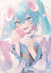 Rule 34 | 1girl, :d, anniversary, blue eyes, blue hair, brown background, commentary, eyebrows hidden by hair, flower, hair between eyes, hair flower, hair ornament, hands up, hatsune miku, head tilt, highres, holding, long hair, long sleeves, magical mirai miku, magical mirai miku (2021), open mouth, smile, solo, symbol-only commentary, teeth, twintails, upper body, upper teeth only, vocaloid, wenz, white flower, white sleeves, wide sleeves