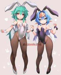 Rule 34 | 2girls, animal ears, aqua eyes, bare shoulders, black choker, black footwear, black hairband, black leotard, blue eyes, blush, breasts, brown background, brown legwear, choker, closed mouth, collarbone, commentary request, covered navel, fake animal ears, fingernails, frown, green hair, hair between eyes, hairband, heart, hellmatio, high heels, highres, holding hands, karukan (monjya), leotard, long hair, looking at viewer, multiple girls, off shoulder, open clothes, open vest, pantyhose, playboy bunny, pointy ears, rabbit ears, red eyes, shinrabanshou, shizuku (shinrabanshou), shoes, simple background, small breasts, smile, strapless, strapless leotard, thick eyebrows, v-shaped eyebrows, very long hair, vest, white footwear, white hairband, white leotard, white vest, wrist cuffs