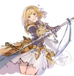 Rule 34 | 1girl, armor, black gloves, blonde hair, brown eyes, chrysaor (granblue fantasy), djeeta (granblue fantasy), gloves, granblue fantasy, hairband, heart, holding, holding sword, holding weapon, korean commentary, looking at viewer, open mouth, pauldrons, rapier, short hair, shoulder armor, simple background, sketch, skirt, smile, solo, suvin (mononochi), sword, weapon, white background, white skirt