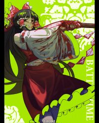 Rule 34 | 1girl, artist name, black hair, blood, blood on clothes, blood on face, bow, commentary, corporalblake, detached sleeves, english commentary, english text, gohei, hair bow, hair tubes, hakurei reimu, highres, long hair, looking at viewer, off (game), pillarboxed, red bow, red pupils, red skirt, ribbon-trimmed sleeves, ribbon trim, shide, sidelocks, skirt, solo, touhou