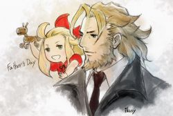 Rule 34 | 1boy, 1girl, beard, black suit, blonde hair, blue eyes, bow, braev lee, bravely default: flying fairy, bravely default (series), edea lee, facial hair, father&#039;s day, father and daughter, formal, hair bow, hair ornament, highres, ikusy, necktie, official art, suit, toy