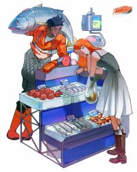 Rule 34 | adjusting hair, animal, arm rest, bag, black hair, black pants, blue eyes, blush, body freckles, boots, brown footwear, counter, crab, dark-skinned male, dark skin, dress, english text, fish, freckles, full body, gloves, gradient dress, grey dress, grey socks, grin, grocery bag, highres, holding, holding animal, holding bag, holding fish, leaning forward, long hair, looking at another, market stall, open mouth, orange footwear, orange gloves, orange hair, orange shirt, original, pants, photo inset, pointing, pointing down, ramon nunez, red snapper, reference inset, salmon, shirt, shopping bag, sign, simple background, sleeves rolled up, smile, socks, spring onion, standing, strap, striped clothes, striped shirt, trout, unbuttoned, unbuttoned shirt, undershirt, watch, weighing scale, white background, wristwatch