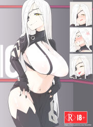 Rule 34 | 1girl, :p, :q, ahegao, alchemist (girls&#039; frontline), black gloves, black nails, black thighhighs, blush, boca, breasts, clenched teeth, drooling, elbow gloves, expressions, eyepatch, girls&#039; frontline, gloves, large breasts, long hair, looking at viewer, midriff, nail polish, navel, sangvis ferri, see-through, skirt, teeth, thighhighs, tongue, tongue out, very long hair, white hair, yellow eyes