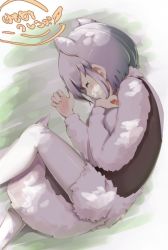 Rule 34 | 10s, 1girl, anteater ears, anteater tail, blush, commentary request, copyright name, curled up, extra ears, closed eyes, fur collar, grey hair, kemono friends, long sleeves, lying, multicolored hair, note (suzu note000), on side, pantyhose, short hair, shorts, sleeveless, solo, southern tamandua (kemono friends), translation request, white hair