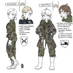 Rule 34 | 2girls, ahoge, blonde hair, boots, brown eyes, brown hair, camouflage, camouflage jacket, camouflage pants, character name, cigarette, english text, facepaint, full body, green eyes, highres, jacket, looking at viewer, military, military rank insignia, military uniform, multiple girls, multiple views, original, ostwindprojekt, pants, partially colored, ponytail, short hair, simple background, standing, uniform, white background