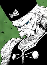 Rule 34 | 1boy, absurdres, blue eyes, commentary request, dr. gero (dragon ball), dragon ball, dragonball z, earrings, facial hair, green background, hat, highres, jewelry, liedein, male focus, monochrome, mustache, old, old man, portrait, solo, spot color