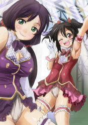 Rule 34 | &gt;;d, 10s, 2girls, ;d, \m/, arm up, armpits, black hair, bow, green eyes, bridal garter, long hair, looking at viewer, love live!, love live! school idol festival, love live! school idol project, low twintails, multiple girls, one eye closed, open mouth, panties, plaid, red eyes, smile, tojo nozomi, twintails, two side up, underwear, v-shaped eyebrows, white panties, yazawa nico, yohane