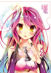 Rule 34 | 1girl, :p, blush, breasts, chess piece, spiked halo, copyright name, crop top, elbow gloves, gloves, gradient eyes, gradient hair, halo, jibril (no game no life), kamiya yuu, large breasts, long hair, magic circle, multicolored eyes, multicolored hair, no game no life, official art, orange eyes, pink hair, queen (chess), solo, tattoo, tongue, tongue out, wing ears, yellow eyes