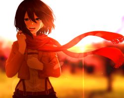 Rule 34 | 1girl, belt, black hair, blurry, blurry background, blush, commentary, crying, crying with eyes open, emblem, hair between eyes, haru (re ilust), highres, jacket, mikasa ackerman, open mouth, outdoors, paradis military uniform, red scarf, scarf, shingeki no kyojin, short hair, solo, standing, sun glare, sunset, tears, upper body
