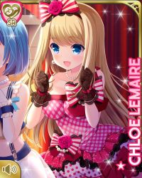 Rule 34 | 2girls, blonde hair, blue eyes, bow, card, character name, chloe lemaire, dress, girlfriend (kari), indoors, long hair, multiple girls, official art, open mouth, qp:flapper, red bow, red dress, skirt, smile, striped, striped bow, tagme