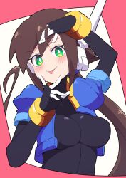 Rule 34 | 1girl, absurdres, aile (mega man zx), blush, breasts, brown hair, buzzlyears, closed mouth, green eyes, highres, large breasts, long hair, looking at viewer, mega man (series), mega man zx, mega man zx advent, smile, solo, tongue, tongue out, upper body