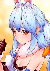 Rule 34 | 1girl, animal ears, black gloves, blue hair, braid, breasts, carrot hair ornament, detached sleeves, don-chan (usada pekora), food-themed hair ornament, fur-trimmed gloves, fur trim, gloves, hair ornament, highres, hololive, inamimi (sheep1733), long hair, multicolored hair, orange eyes, puffy short sleeves, puffy sleeves, rabbit ears, rabbit girl, short sleeves, small breasts, solo, thick eyebrows, twin braids, two-tone hair, upper body, usada pekora, usada pekora (1st costume), virtual youtuber