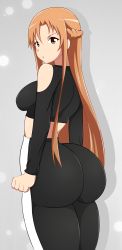Rule 34 | 1girl, absurdres, ass, ass focus, asuna (sao), braid, breasts, brown eyes, brown hair, clothes, crown braid, female focus, highres, huge ass, long hair, looking at viewer, looking back, medium breasts, pout, solo, standing, sword art online, zonen404