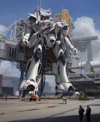 Rule 34 | 6+boys, armored core, clenched hands, forklift, hard hat, helmet, highres, jacket, looking ahead, looking up, mecha, mecha focus, motor vehicle, multiple boys, photorealistic, photoshop (medium), realistic, robot, science fiction, shuo shi, standing, truck, yellow jacket