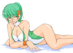 Rule 34 | breasts squeezed together, breasts, casual one-piece swimsuit, cleavage, glasses, green eyes, green hair, highleg, highleg swimsuit, hip focus, homeko, large breasts, lying, on side, one-piece swimsuit, os-tan, ponytail, school swimsuit, smile, solo, swimsuit, wide hips, wristband, xp home-tan, xphome