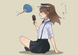 Rule 34 | 10s, 1girl, annin musou, bad id, bad pixiv id, black skirt, black socks, blush, breasts, brown eyes, brown hair, collared shirt, eating, eyebrows, flat chest, food, from side, full body, grey hat, hand fan, hat, holding, holding food, indian style, kantai collection, kneehighs, magatama, motion lines, musical note, no jacket, on floor, onmyouji, open mouth, paper fan, popsicle, profile, quaver, ryuujou (kancolle), shadow, shikigami, shirt, short hair, short sleeves, sitting, sketch, skirt, socks, solo, suspender skirt, suspenders, sweatdrop, tan background, translated, twintails, uchiwa, visor cap, wing collar