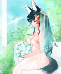Rule 34 | 1girl, alternate costume, animal ears, black hair, bouquet, breasts, bridal veil, bride, cleavage, closed mouth, commentary request, couch, dress, feet out of frame, flower, hair ornament, hairclip, highres, holding, holding bouquet, hololive, long hair, looking afar, medium bangs, medium breasts, misono denpachi, multicolored hair, ookami mio, red hair, rose, sidelocks, sitting, smile, solo, strapless, strapless dress, streaked hair, tail, twitter username, veil, very long hair, virtual youtuber, wedding dress, white dress, white flower, white rose, wolf ears, wolf girl, wolf tail, yellow eyes