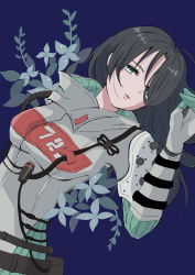 Rule 34 | 1girl, alternate hairstyle, animification, apex legends, black hair, blue background, blue flower, bodysuit, breasts, cable, flower, gloves, grey bodysuit, grey gloves, head tilt, highres, long hair, looking at viewer, medium breasts, parted lips, quarantine 722 wraith, solo, wraith (apex legends), zariko