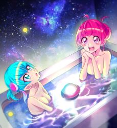 Rule 34 | 2girls, :d, :o, ahoge, bare shoulders, bathtub, blue hair, blunt bangs, breasts, cleavage, collarbone, green eyes, hagoromo lala, hair between eyes, hair ornament, highres, hoshina hikaru, looking up, medium breasts, mitsuki tayura, multiple girls, nude, open mouth, own hands clasped, own hands together, partially submerged, precure, red eyes, red hair, same-sex bathing, shared bathing, short hair, sitting, sky, small breasts, smile, star (sky), star twinkle precure, starry sky