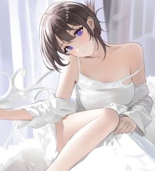 Rule 34 | 1girl, absurdres, bare shoulders, black hair, camisole, commentary, derlyt, highres, indoors, looking at viewer, off shoulder, original, purple eyes, shirt, short hair, solo, spaghetti strap, white shirt