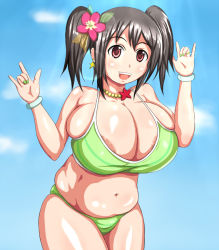 Rule 34 | 10s, 1girl, alternate breast size, areola slip, artist request, bikini, black hair, blush, breasts, bursting breasts, cleavage, cloud, earrings, fingernails, flower, green bikini, green nails, hair flower, hair ornament, huge breasts, jewelry, looking at viewer, love live!, love live! school idol project, ma hira, medium hair, nail polish, natsuiro egao de 1 2 jump!, navel, necklace, nico nico nii, open mouth, outdoors, plump, red eyes, ring, sky, solo, standing, striped bikini, striped clothes, swimsuit, twintails, yazawa nico