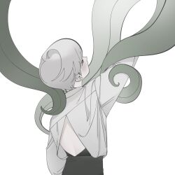 Rule 34 | 1boy, arm up, backless outfit, backless shirt, black pants, closed eyes, collared shirt, commentary, eyelashes, facing up, from behind, grey hair, heogyedo, long sleeves, male focus, original, pale skin, pants, plant, profile, sash, shirt, short hair, simple background, solo, symbol-only commentary, tentacles, upper body, vines, white background, white shirt