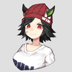 Rule 34 | 1girl, absurdres, animal ears, bandaid, bandaid on cheek, bandaid on face, beanie, black hair, blush, breasts, closed mouth, commentary, ear ornament, grey background, hair ornament, hairclip, hat, highres, horse ears, horse girl, medium breasts, red eyes, red hat, sanada ina, shirt, simple background, smile, solo, umamusume, upper body, v-shaped eyebrows, white shirt, winning ticket (umamusume)