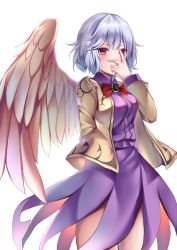 Rule 34 | 1girl, absurdres, arm behind back, beige jacket, blush, bow, bowtie, cowboy shot, dress, feathered wings, hand on own face, highres, jacket, kishin sagume, koizumo, long sleeves, looking at viewer, purple dress, red eyes, short hair, silver hair, simple background, single wing, solo, standing, touhou, white background, wings