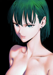 Rule 34 | 1girl, black background, breasts, colorized, cover, cover page, earrings, fubuki (one-punch man), green eyes, green hair, highres, jewelry, large breasts, looking at viewer, manga cover, murata yuusuke, nipple slip, nipples, nude, official art, one-punch man, orihalchon, portrait, short hair, simple background, solo