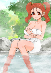 Rule 34 | 1girl, breasts, cleavage, dragon quest, dragon quest viii, highres, jessica albert, looking at viewer, onsen, pesshio (to menero), solo, towel, twintails