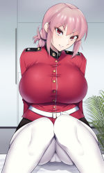 Rule 34 | 1girl, belt, black skirt, braid, braided ponytail, breasts, buttons, enryuu (rmxs3488), fate/grand order, fate (series), florence nightingale (fate), folded ponytail, highres, jacket, large breasts, long hair, long sleeves, looking at viewer, military jacket, pantyhose, pink hair, red eyes, red jacket, sitting, skirt, solo, white pantyhose