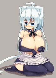 Rule 34 | 1girl, animal ears, apron, black thighhighs, blue eyes, blush, breasts, cat day, cat ears, covering privates, covering breasts, covering nipples, detached collar, elbow gloves, felt whitesnow, frown, gloves, highres, huge breasts, looking at viewer, maid, maid apron, original, plump, sad, sawati, seiza, short hair, short hair with long locks, simple background, sitting, solo, tail, thighhighs, topless, white hair